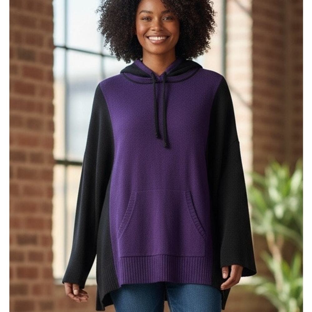 Lauren Ralph Lauren Women 1X Knit Hoodie Purple Black Kangaroo Pocket Boho